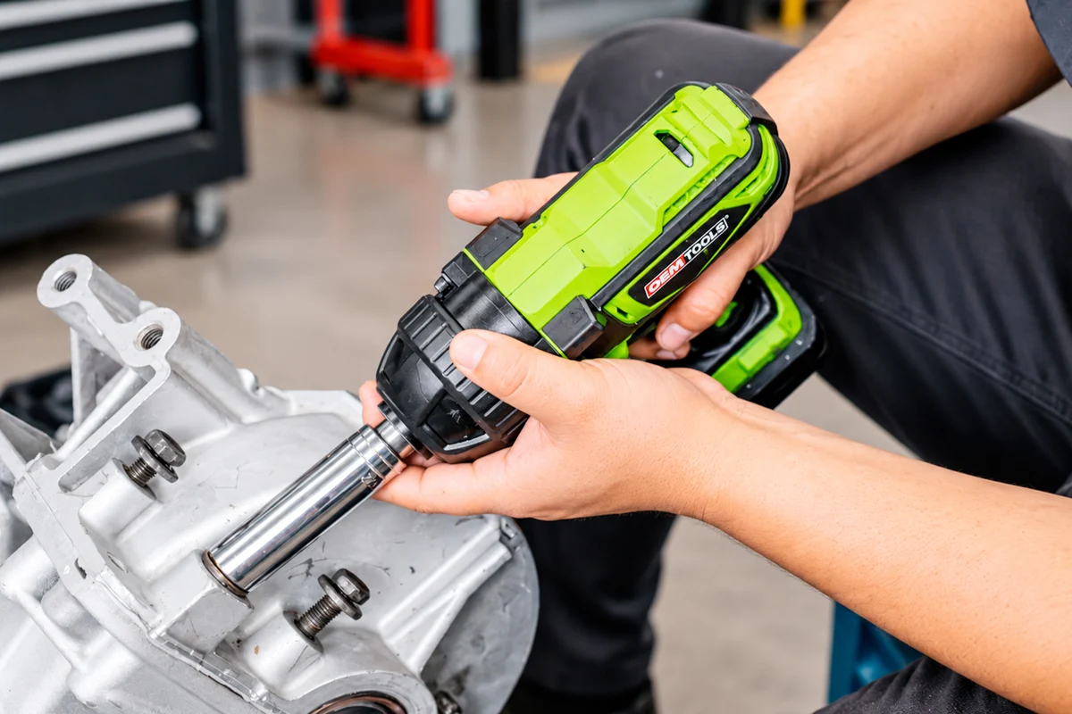 Técnico apretando los tornillos de la carcasa de una transmisión automática con llave de impacto durante el armado
